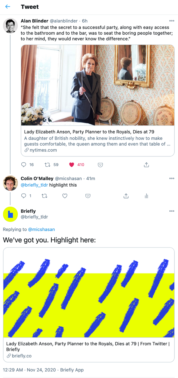 At reply for highlights from within Twitter